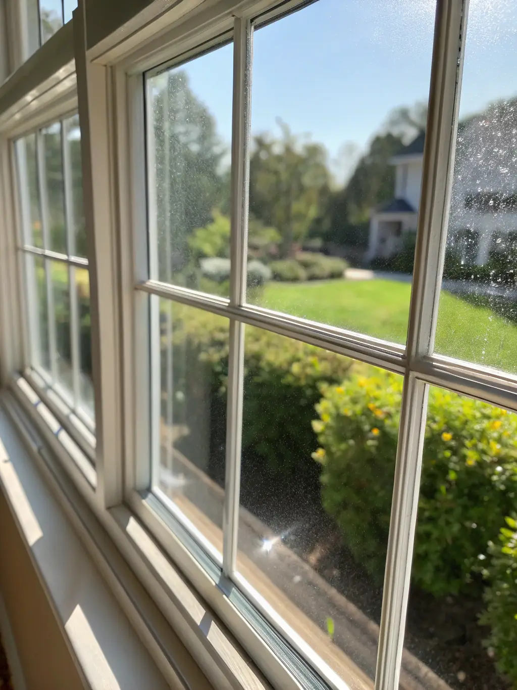A set of large, sparkling clean windows reflecting blue sky and green trees, highlighting the clarity and shine achieved through professional window cleaning.