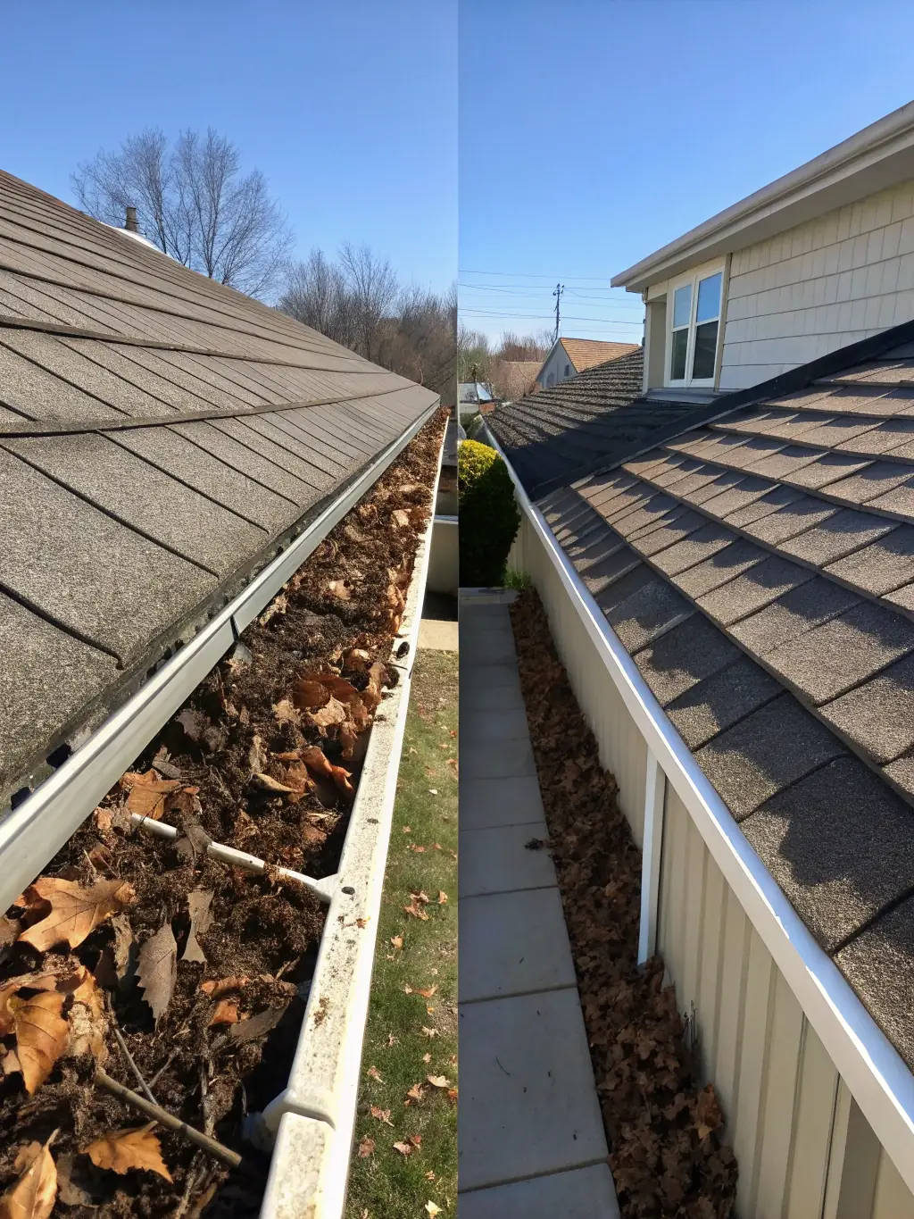 A close-up of a gutter filled with leaves and debris on one side and completely clean on the other, demonstrating the thoroughness of the gutter cleaning process.
