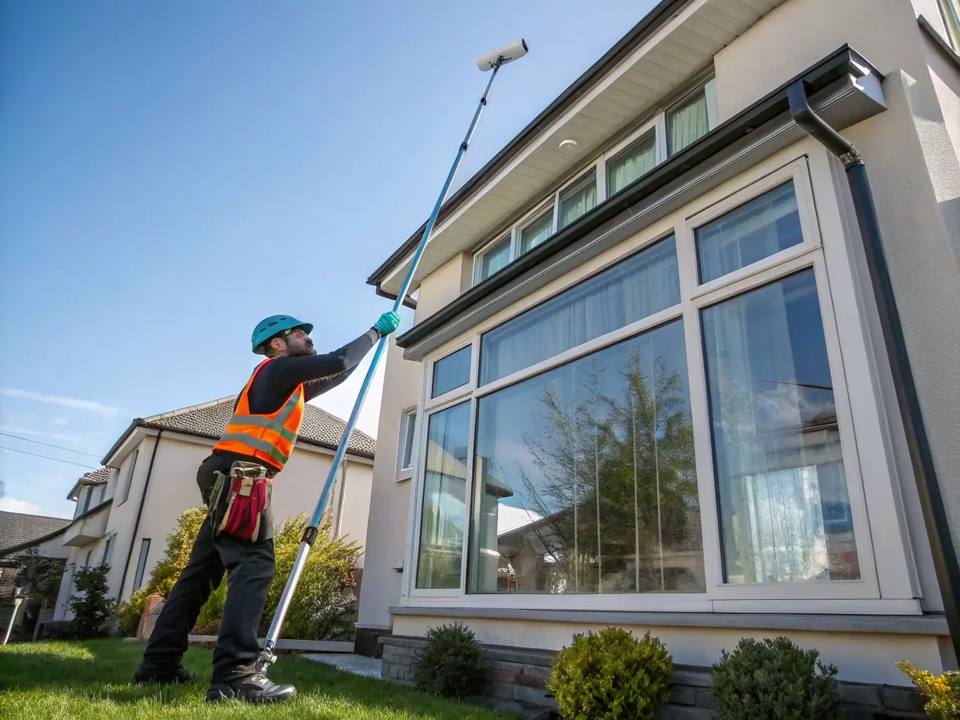 A technician cleaning large residential windows with a water-fed pole system, sunlight reflecting off sparkling glass, set in a leafy Montevallo neighborhood.