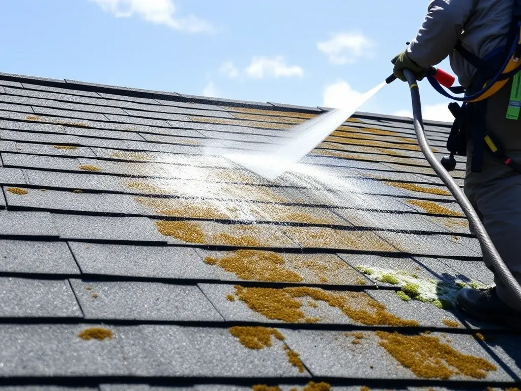 A professional technician using a low-pressure washer to clean a shingle roof, with visible removal of moss and algae, under a bright Alabama sky, representing expert roof cleaning in Montevallo.