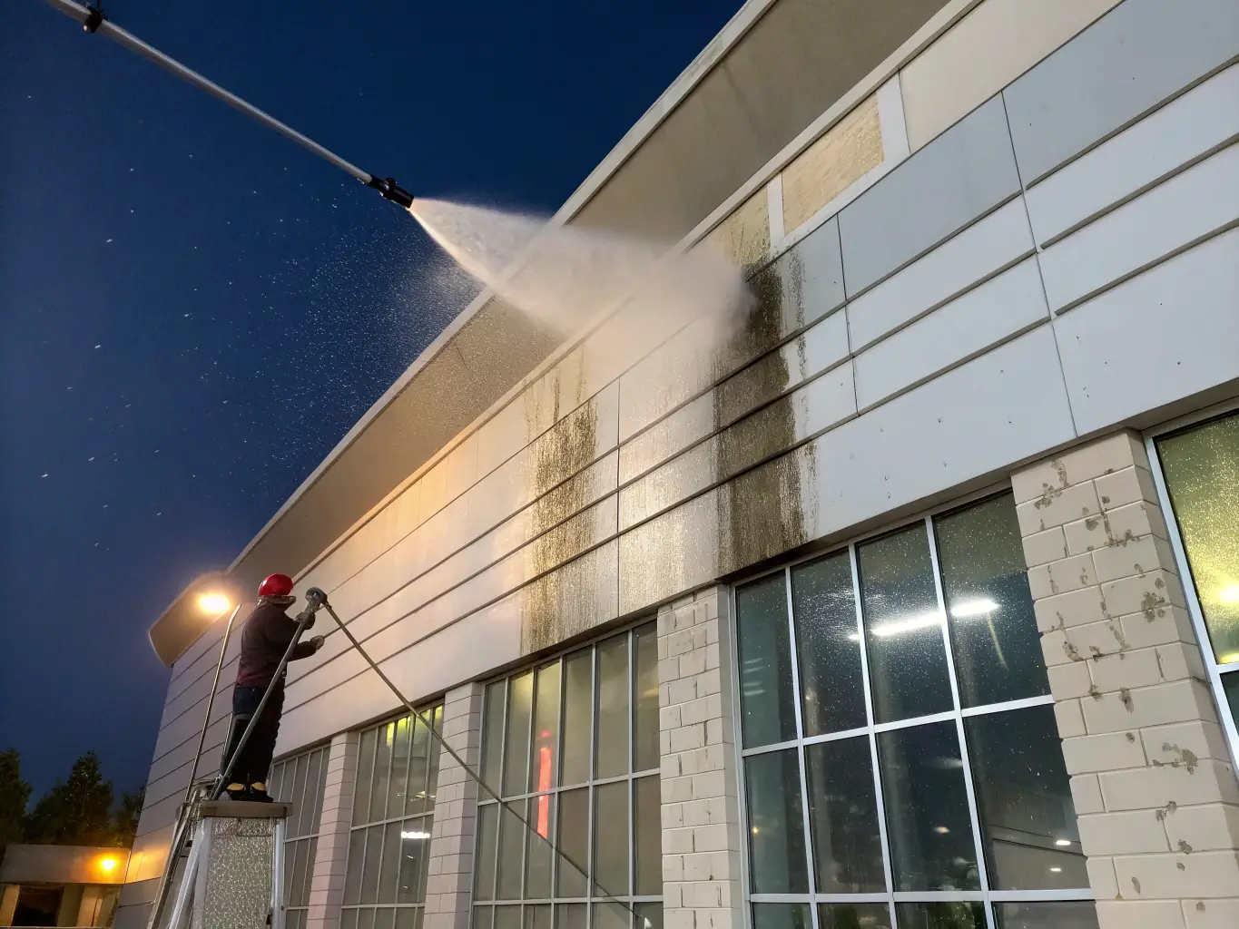 A uniformed worker power washing the exterior of a two-story commercial building, with dramatic before-and-after contrast, highlighting building washing in a Montevallo business district.
